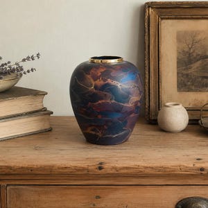 Peut inclure: Un vase arrondi présentant un motif abstrait tourbillonnant sombre dans des tons bleu profond, violet et cuivre, fini avec un fin bord en métal doré poli à l'ouverture. Le vase possède une texture de surface lisse et mate.