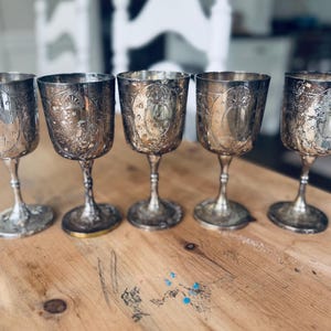 Vintage Engraved Silver Metal Goblet Set - Elegant Barware