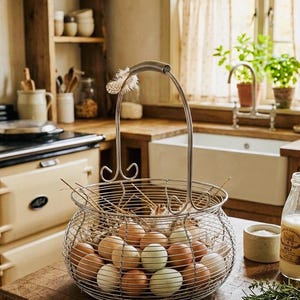 Op de afbeelding: Een draadmand met eieren, gevuld met bruine en groene eieren, staat op een houten tafel. De mand heeft een handvat met een veer. De achtergrond toont een keuken met een fornuis en een raam.
