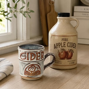 May include: A ceramic mug with a white and brown glaze featuring the word CIDER and a tree illustration, alongside a beige plastic jug labelled PURE APPLE CIDER with a graphic of two apples and the text 1 LITRE, both resting on a wooden surface.
