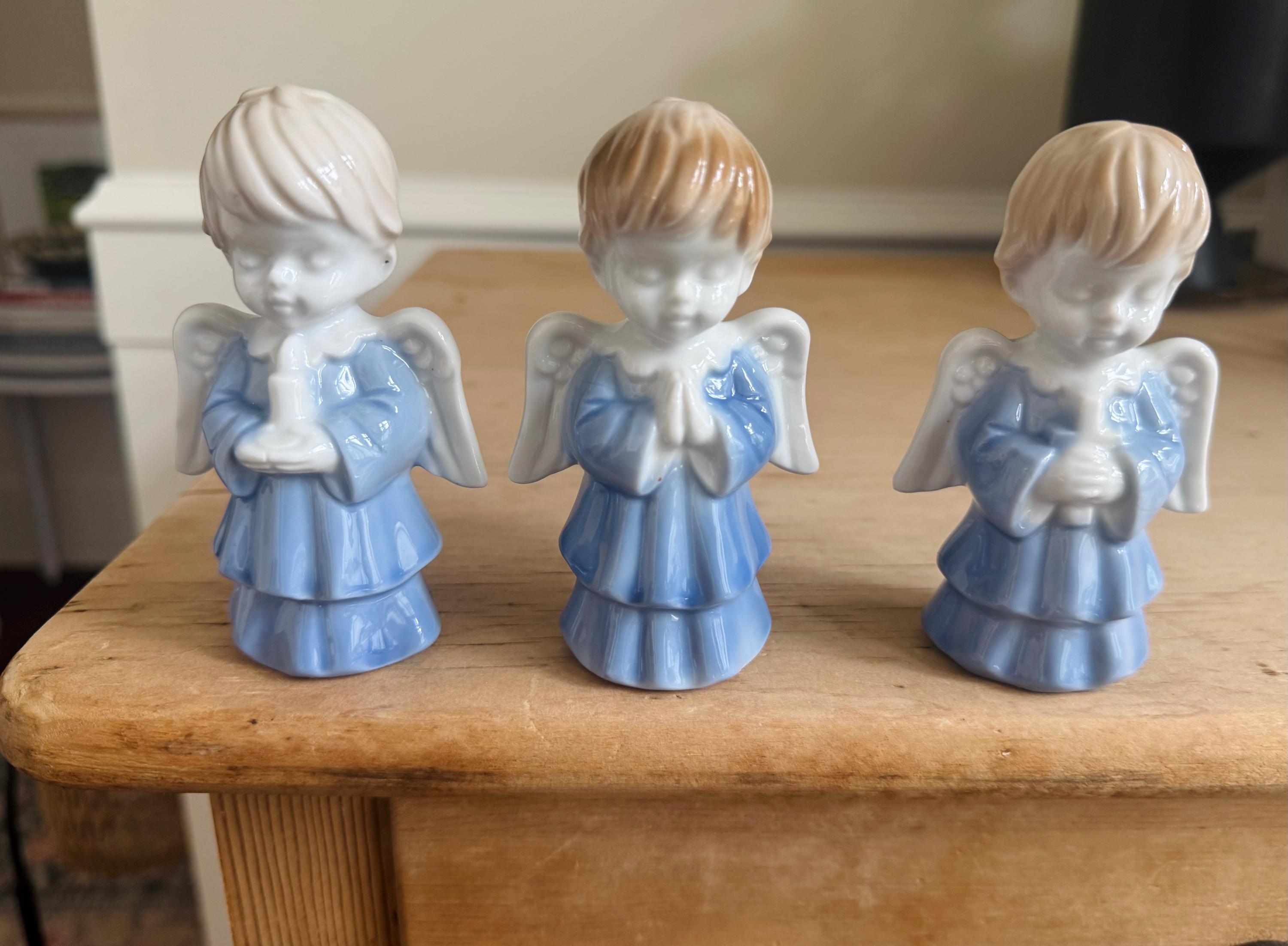 Vintage Japanese Porcelain Angel Figurines – Set of 3 Blue & White