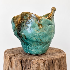 Handmade Studio Pottery Vase – Turquoise Green & Brown Sculptural Wabi Sabi Ceramic Vessel