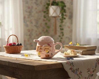May include: A pink ceramic mug with a house-shaped lid and a handle. The mug features a cartoon character and is on a wooden table with a basket of berries and a plate of food. The scene is set in a cozy, well-lit room.
