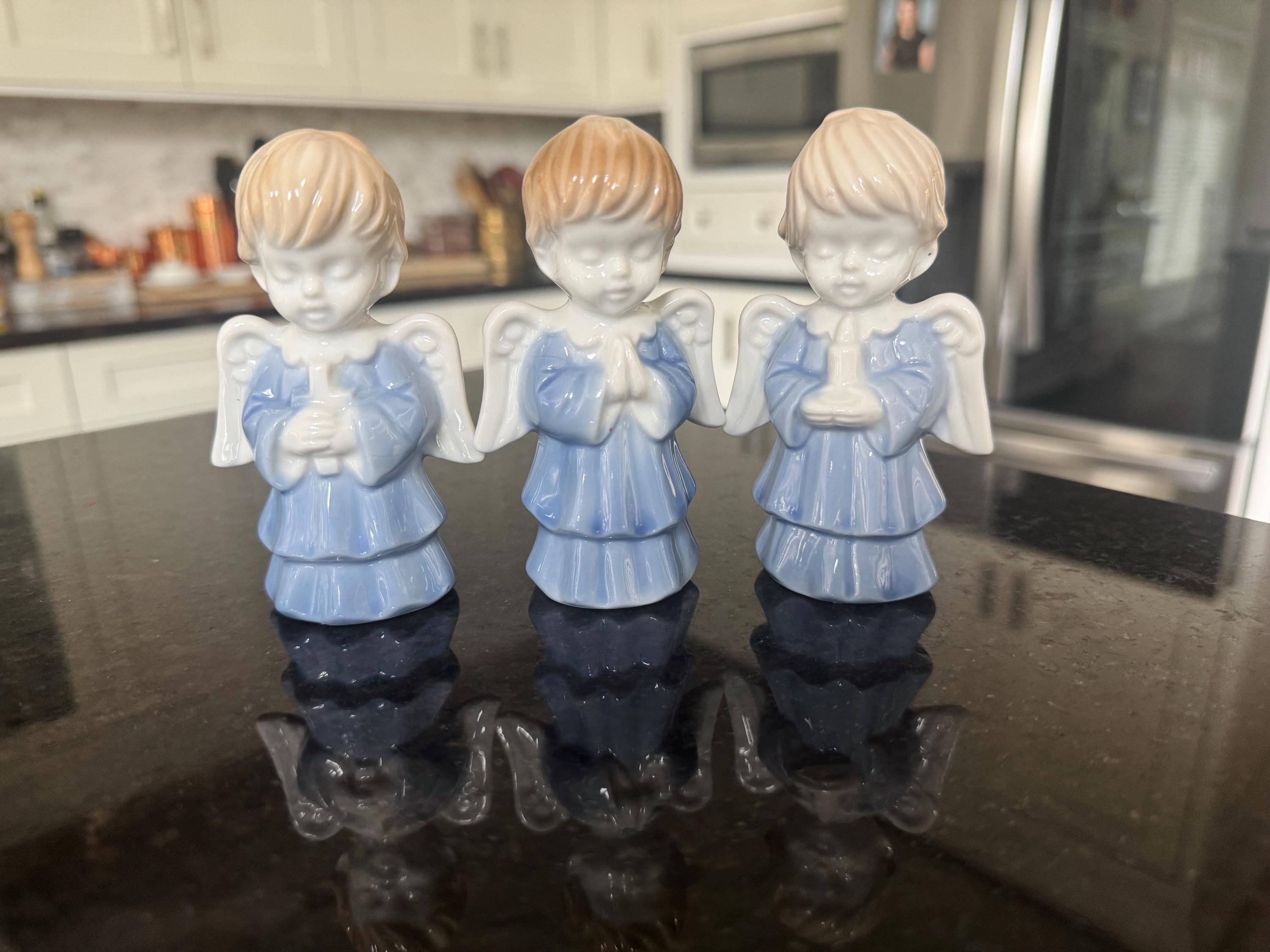 Vintage Japanese Porcelain Angel Figurines – Set of 3 Blue & White