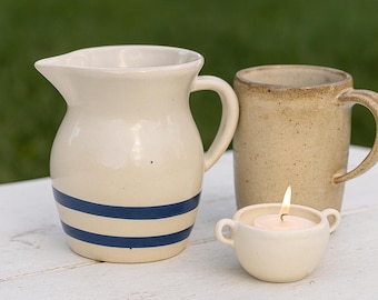 Vintage RRP Co. Roseville Blue Band Stoneware Pitcher – 4.5” Farmhouse Jug