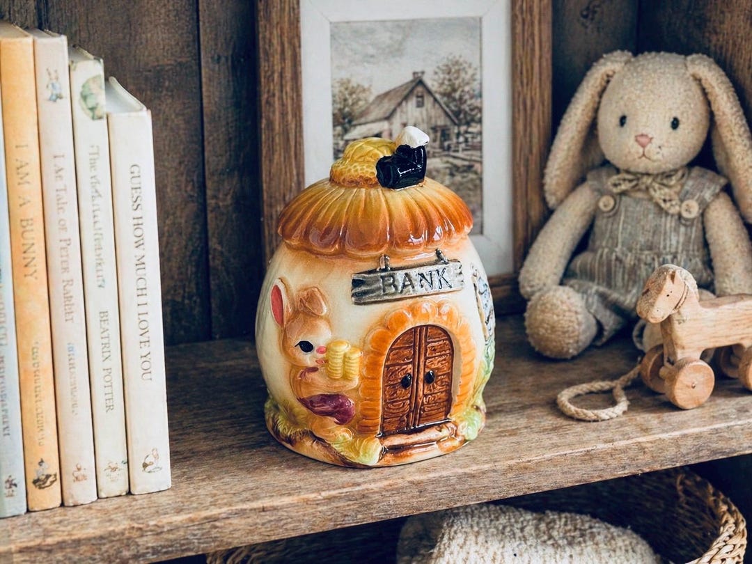Vintage Bunny Coin Bank – Storybook Cottage Piggy Bank – Rabbit Savings ...