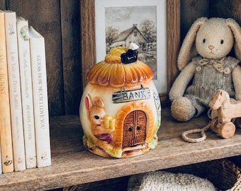 Hucha vintage de conejito – Hucha de cerdito de cuento de hadas – Hucha de ahorros de conejo – Decoración infantil – Hucha de cerámica original