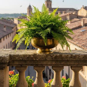Puede incluir: Un exuberante helecho verde en una maceta dorada sobre un balcón de piedra. El balcón da a una ciudad europea con tejados de tejas rojas y una iglesia distante. La escena está bañada por la cálida luz del sol, creando un ambiente exterior sereno.