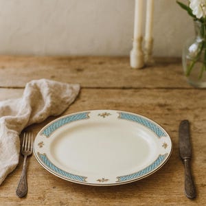 Vintage Oval Serving Platter with Blue Scale Pattern & Floral Accents – 31x22 cm – Elegant Tableware