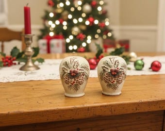 Vintage Pinecone and Berry Salt & Pepper Shakers – Ceramic Holiday Table Set