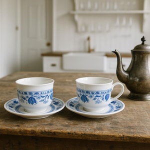 Vintage Blue Onion Teacup and Saucer Set: English Porcelain, 3&quot; Cup & 6&quot; Saucer