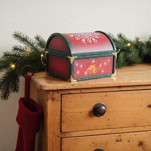 Vintage Wooden Christmas Music Box Chest with Moving Figurines — Holiday Village Scene