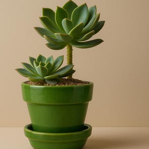 May include: A green succulent plant in a matching green ceramic pot with a saucer. The plant has multiple rosettes of thick, fleshy leaves. The pot is round with a slightly flared rim, and the saucer is a shallow dish.