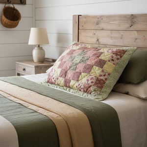 May include: A bedroom scene featuring a bed with a wooden headboard and a patchwork pillow. The bed is made with a green and tan quilt and a white sheet. A small lamp sits on a nightstand.