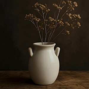 May include: A white ceramic vase with two small handles, holding dried, beige-coloured flowers. The vase sits on a wooden surface against a dark brown backdrop. The vase has a rounded shape.
