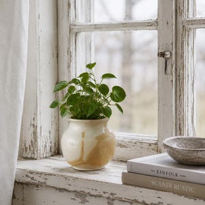 Pode incluir: Uma pequena planta verde com folhas em forma de coração está num vaso de cerâmica redondo de cor creme com um toque de verniz castanho. Ao lado do vaso estão dois livros empilhados intitulados The Kinfolk Home e Scandi Rustic, com uma pequena taça cinzenta salpicada por cima.
