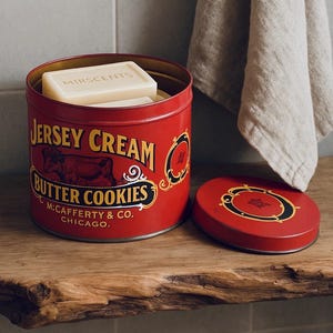Vintage Jersey Cream Butter Cookies Tin: Red Chicago Advertising Canister