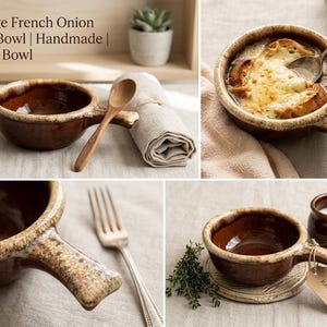 May include: A set of vintage French onion soup bowls, brown with a rustic glaze, each with a handle. A wooden spoon, rolled linen napkin, and a small pot of salt are also present. The text reads "Vintage French Onion Soup Bowl | Handmade | Single Bowl".
