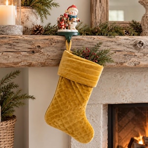 Mustard yellow velvet Christmas stocking – Quilted gold holiday stocking – Scandinavian cottage Christmas decor