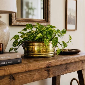 Puede incluir: Una consola de madera rústica con una maceta de latón llena de plantas de potos verdes y amarillas. Una vela encendida en un portavelas de vidrio, libros y un plato decorativo también están sobre la mesa. Una lámpara y obras de arte enmarcadas están en el fondo.