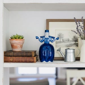 Può includere: Una mensola bianca espone una statuetta in ceramica blu, una piccola pianta grassa in vaso e diversi libri antichi. Una stampa paesaggistica incorniciata e un annaffiatoio in metallo sono anch'essi presenti, creando un'estetica affascinante di ispirazione vintage.