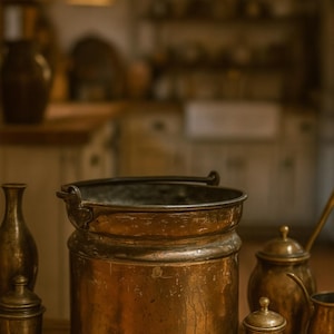 Puede incluir: Colección de utensilios de cocina antiguos de latón, que incluye un cubo grande con asa, un tarro pequeño con tapa, una tetera y una jarra pequeña. Los objetos están dispuestos sobre una superficie de madera.