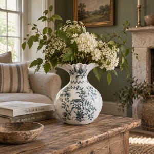 May include: A white ceramic vase with a scalloped rim and a blue botanical pattern featuring birds and floral motifs. The vase is filled with a large arrangement of white flowers and green foliage, creating a centrepiece on a wooden surface.