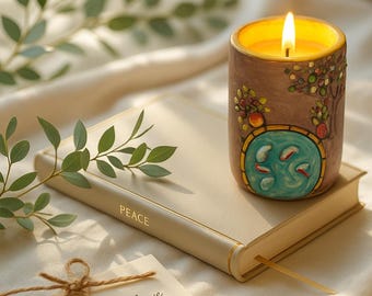 Handmade Ceramic Tealight Holder – Colorful Rustic Candle Holder with Village & Garden Design