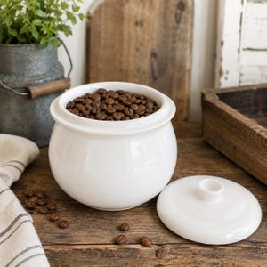 May include: A white ceramic coffee bean storage jar with a lid, filled with roasted coffee beans. The jar sits on a wooden surface, with a few loose beans scattered around. A small metal bucket with greenery is in the background.