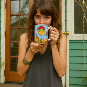 May include: A white ceramic mug featuring a vibrant design of hot air balloons, houses, and trees. The mug has a blue background with white stripes. The person is holding the mug, wearing a grey vest top.