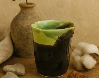 Handmade Studio Pottery Mug: Green Brown Wabi-Sabi Ceramic Cup