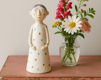 Handmade Ceramic Lady Figurine: Whimsical Folk Art Sculpture