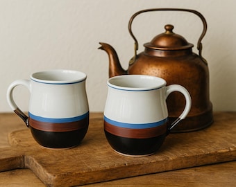 Vintage Otagiri Japan Stoneware Mugs | 1980s Striped Pottery, Set of 2