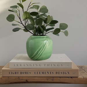 Peut inclure: Un vase en céramique vert avec un motif tourbillonnant contient une plante feuillue. Le vase est posé sur deux livres avec les titres "ARRANGING THINGS" et "EIGHT HOMES CLEMENTS DESIGN". L'arrangement est sur une surface en bois.