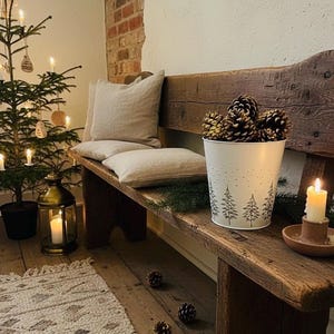 May include: A rustic wooden bench with two beige pillows, a white bucket with a tree design, and pine cones. A small Christmas tree with ornaments and a lit candle in a lantern are on the left. A lit candle sits on a small brown dish.