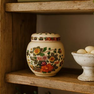 May include: A cream-colored ceramic jar with a lid, adorned with a vibrant floral pattern in shades of red, orange, yellow, and green. The jar is displayed on a wooden shelf, alongside a small bowl and books.