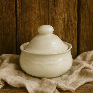 May include: A cream-coloured ceramic sugar bowl with a lid, set on a beige linen cloth. The bowl has a rounded shape with a decorative pattern. The background is a wooden surface.