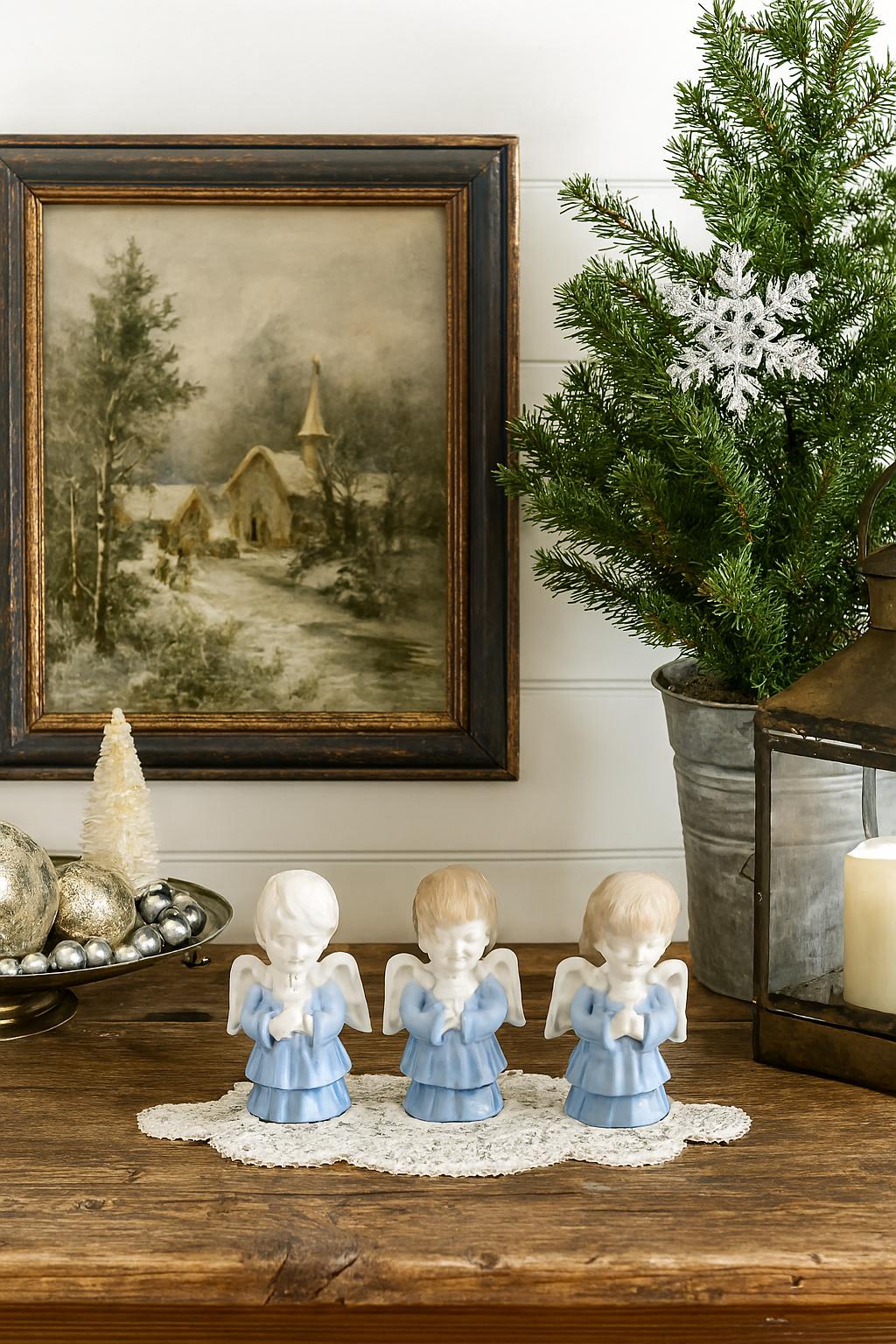 Vintage Japanese Porcelain Angel Figurines – Set of 3 Blue & White