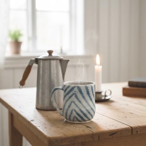 May include: A wooden table displays a steaming mug with a blue and white chevron design, a vintage metal coffee pot, and a lit candle. The scene is illuminated by soft, natural light, creating a cosy atmosphere. A simple, elegant aesthetic.