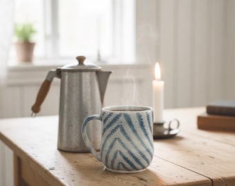 Taza de cerámica artesanal de estudio / Diseño de chevrón azul y blanco, estilo wabi-sabi