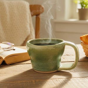 May include: A green ceramic mug filled with coffee, steam rising, sits on a wooden table next to an open book and eyeglasses. A basket of croissants is in the background, creating a cozy, inviting scene.