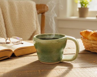Handmade Green Studio Pottery Mug by Herman SP | Rustic Artisan Ceramic Cup, Signed 14.05