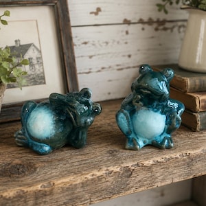 Vintage Ceramic Frog Figurines Set — Glossy Green Blue Pottery Frogs — Whimsical Cottagecore Shelf Decor