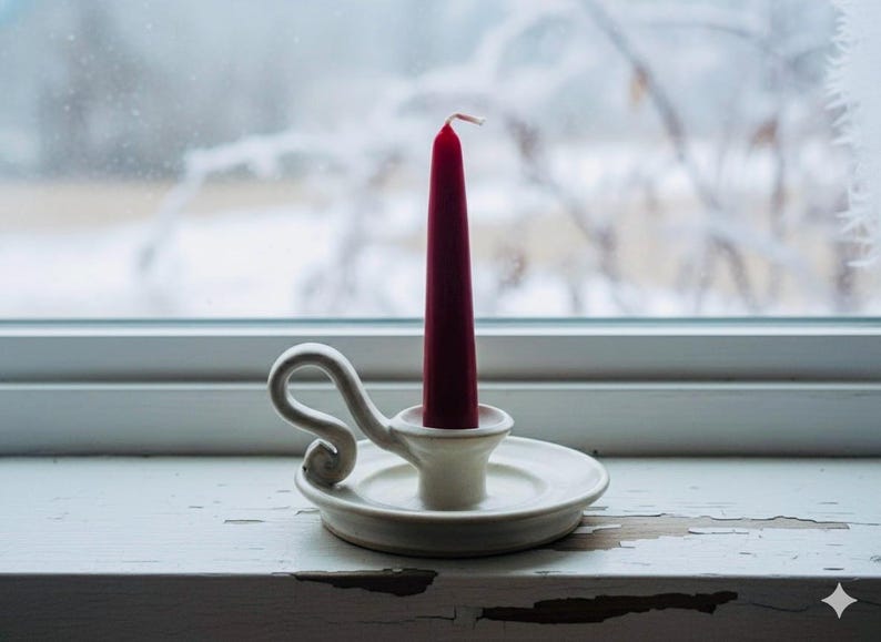 May include: A white ceramic candle holder with a red candle. The candle holder has a circular base and a curved handle. The candle is a deep red color and is unlit. The background is a window with a snowy scene.