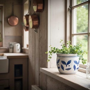 Puede incluir: Escena de cocina rústica con una maceta de cerámica con estampado de hojas azules llena de vegetación en un alféizar. Cacerolas de cobre cuelgan de la pared. También se ven un fregadero blanco y una ventana con vistas a los árboles.