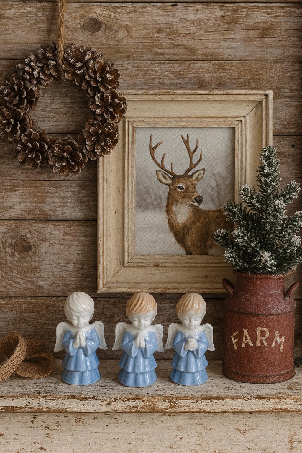 芸術品！天使 の羽 イタリア アンティークステンドグラス 流木アート クリスマス Vintage Japanese Porcelain Angel Figurines – Set of 3 Blue & White