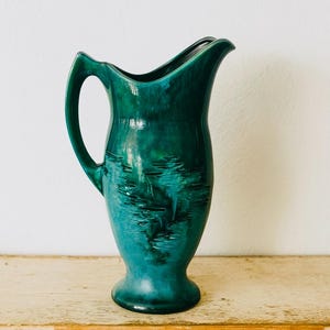 Vintage Drip Glaze Pottery Pitcher: Blue Green Mid Century Modern Vase