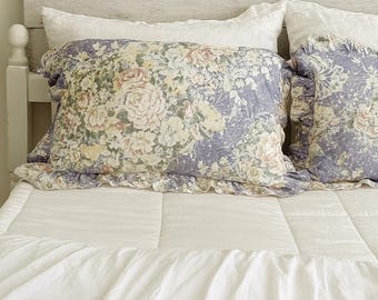 Fundas de almohada con estampado floral vintage: fundas de lavanda con volantes estilo cottagecore