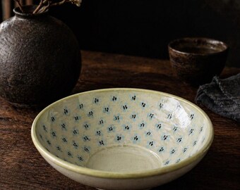Vintage Studio Pottery Bowl – Hand Thrown Green Glaze with Blue Floral Speckle – Rustic Cottage Kitchen Serving Bowl – Handmade Ceramic