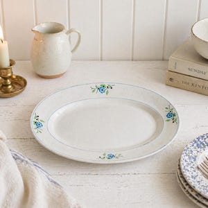 Vintage Floral Oval Platter | Blue & Green Cottage Serving Dish | French Country Farmhouse Tableware | Antique Style Transferware Plate